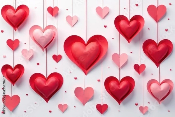 Fototapeta A delightful array of crimson and rose-hued paper hearts suspended delicately, creating a charming and romantic visual presentation.