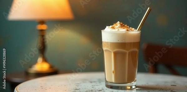 Fototapeta Aromatic Coffee Drink with Whipped Cream and Spice Topping on a Table near a Lamp