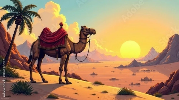 Fototapeta A lone camel adorned with rich crimson saddle blankets stands silhouetted against a breathtaking desert sunset, overlooking a serene landscape of distant structures and tranquil waters.