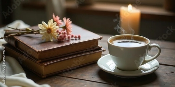 Fototapeta Aromatic Coffee Steaming Beside Stacked Books and Delicate Flowers on Rustic Wooden Table