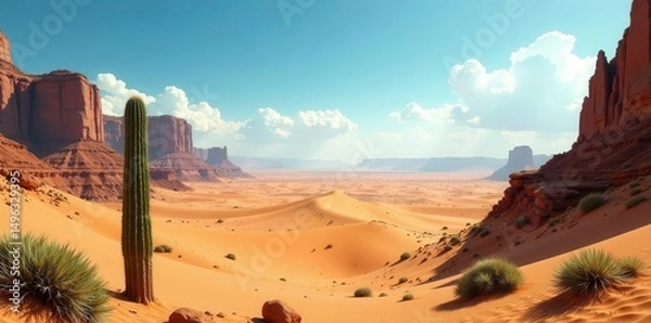 Fototapeta Arid landscape showcasing majestic sandstone formations under a vibrant sky, featuring a towering saguaro cactus and resilient desert flora thriving amidst rolling sand dunes.