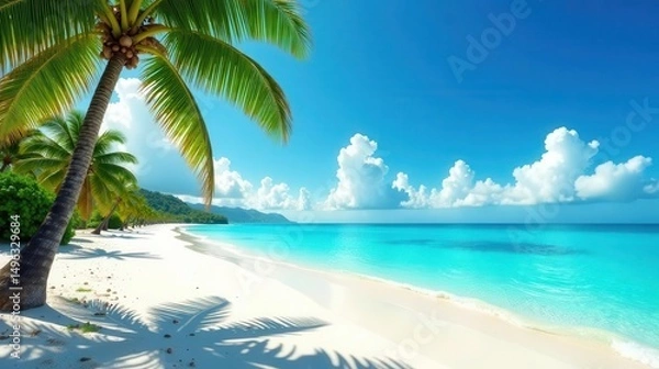 Fototapeta Serene Coastal Paradise Palm Trees, White Sand, and Azure Waters Under a Summer Sky