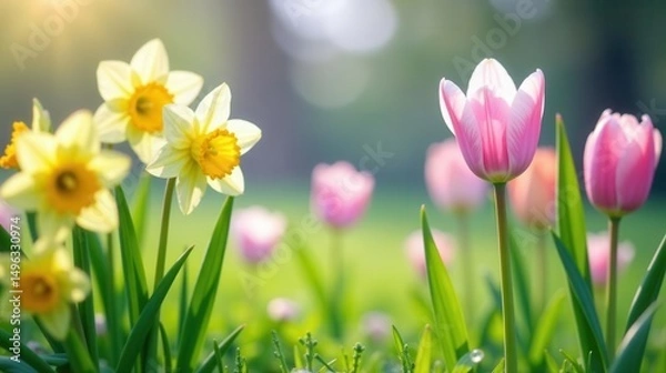 Fototapeta A vibrant springtime scene featuring delicate pastel tulips and daffodils bathed in the warm glow of sunlight, creating a cheerful and tranquil atmosphere.