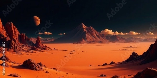Fototapeta A Crimson Desert Landscape Under a Crescent Moon, Featuring Rugged Mountains and Expansive Sands