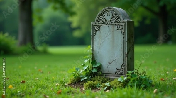Fototapeta A weathered headstone stands quietly amidst vibrant green grass, a testament to the passage of time and the enduring power of nature's resilience
