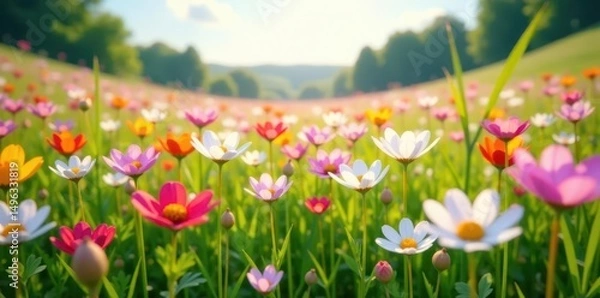 Fototapeta Vibrant wildflowers bloom in a picturesque meadow bathed in the warm glow of sunlight, creating a breathtaking scene of natural beauty and tranquility.