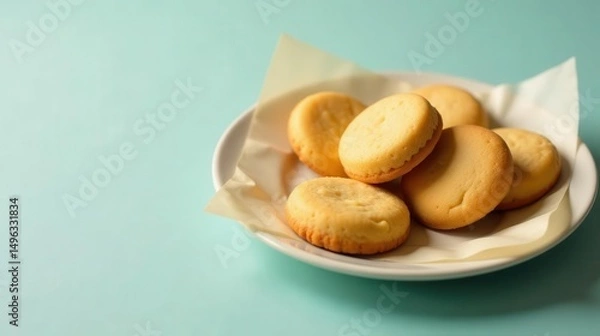 Fototapeta A plate of freshly baked golden cookies, subtly sweet and perfectly round, rests on a light teal surface, promising a delightful treat.