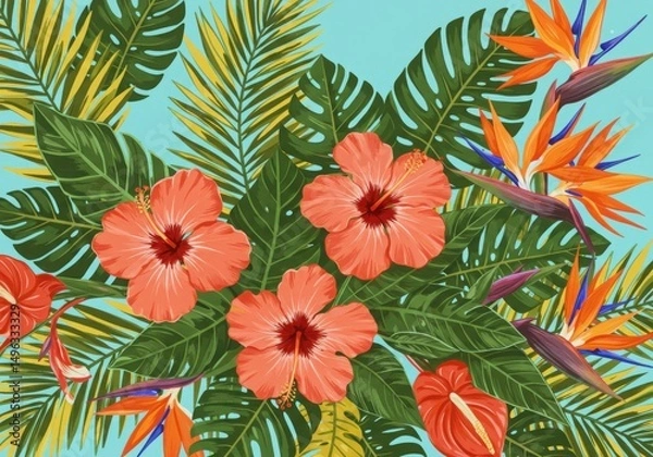 Fototapeta Tropical floral arrangement with hibiscus and bird of paradise