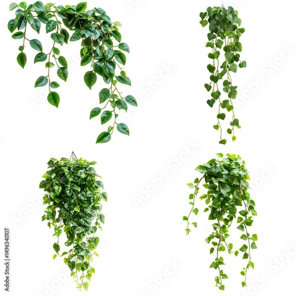 Fototapeta Collection of hanging plants isolated against black background