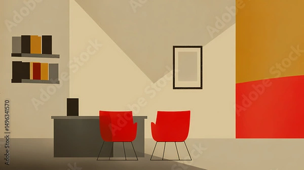 Fototapeta Light office room interior with chairs, table and shelf with documents. minimalist. Illustration