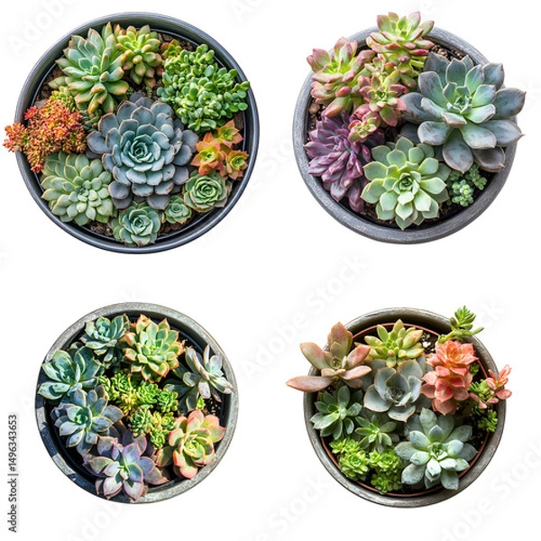 Fototapeta Four succulent plants in pots overhead view