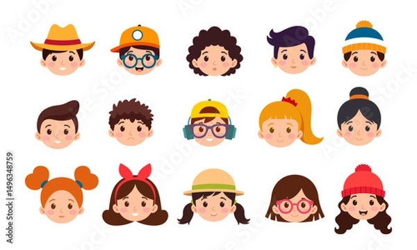 Obraz Kids head characters vector illustration set