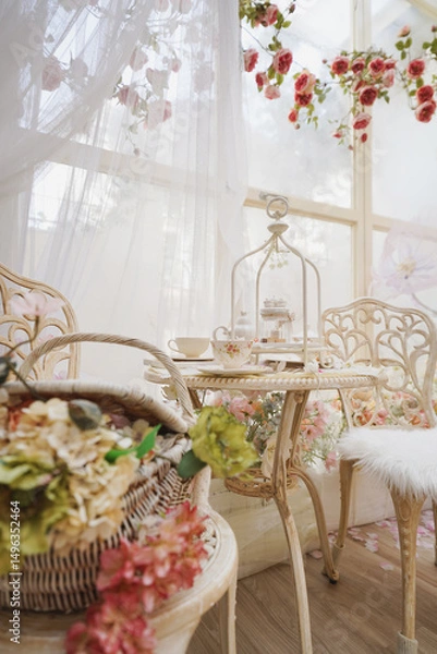 Fototapeta Afternoon Tea. A set of an afternoon tea by the window with cookies, biscuits in the glass jar and vintage teacups on the table.  Foreground is a blurry basket of flowers. Soft window light.