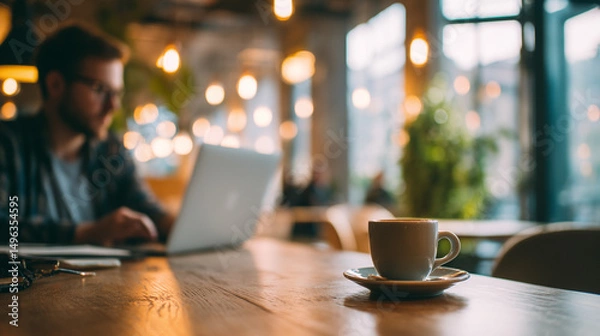 Fototapeta コーヒーとノートパソコンを前にカフェで作業する白人男性（自然光と観葉植物）