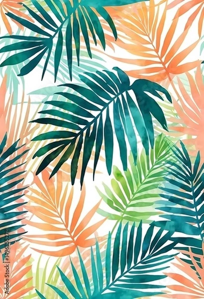 Fototapeta Watercolor Palms Foliage Seamless Pattern, Tropical Leaf Background Style