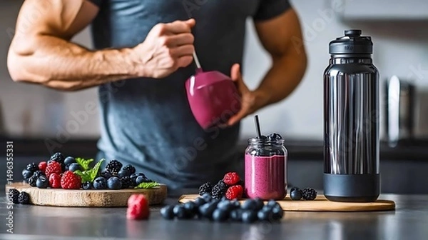 Obraz Man making berry smoothie kitchen.