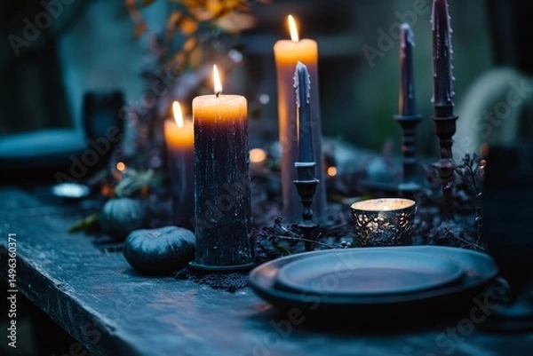 Obraz Halloween decoration with candles and candlesticks on wooden table.