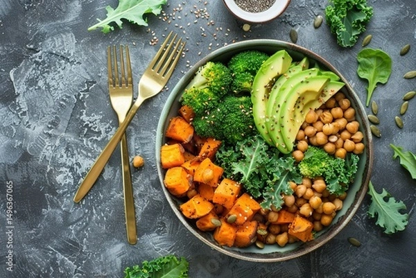 Obraz Delicious and nutritious vegan buddha bowl with fresh and healthy ingredients