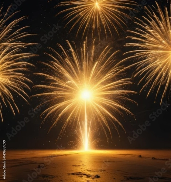 Fototapeta Blazing yellow fireworks explode, intense light trails fill the frame , light, fireworks, flash