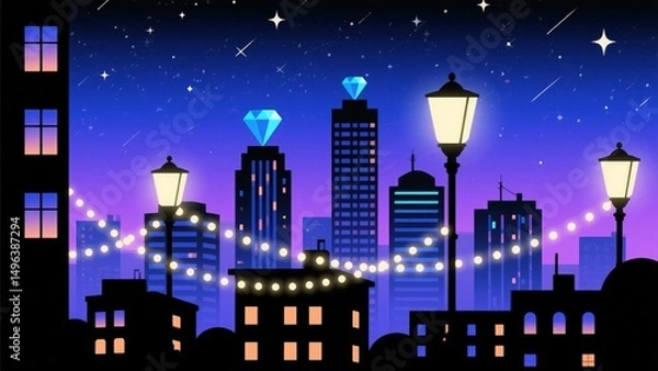 Fototapeta Cityscape at Night with Starry Sky and Diamond-Topped Buildings