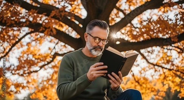 Fototapeta Middle Aged Man with Beard and Glasses Reading Book Under Tree in Autumn Natural Portrait
