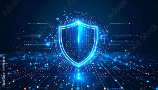 Fototapeta Cyber Security: A futuristic digital shield radiates protection and security, symbolizing safeguarding of information and data within the cyber realm. 