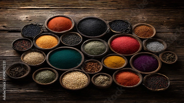 Fototapeta A colorful array of beans, grains, and spices arranged in bowls on a rustic wooden table, showcasing natural ingredients, culinary variety, and healthy plant-based foods.
