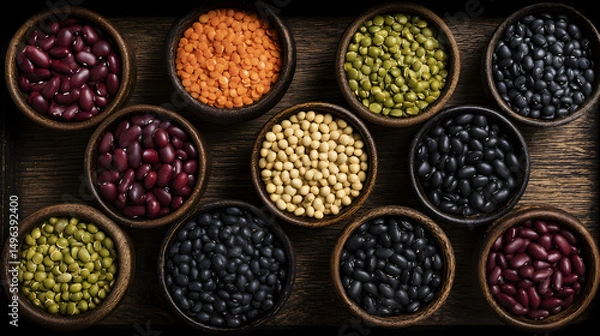 Fototapeta A colorful array of beans, grains, and spices arranged in bowls on a rustic wooden table, showcasing natural ingredients, culinary variety, and healthy plant-based foods.
