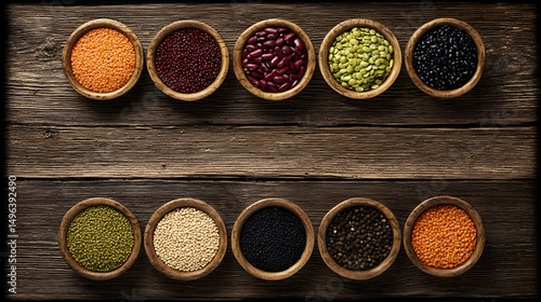 Fototapeta A colorful array of beans, grains, and spices arranged in bowls on a rustic wooden table, showcasing natural ingredients, culinary variety, and healthy plant-based foods.
