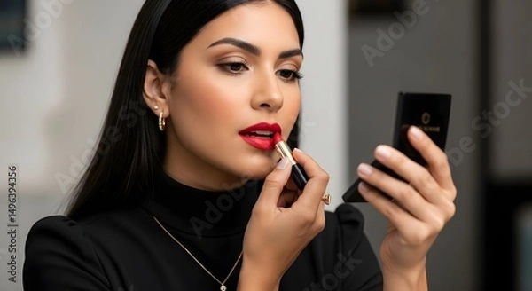 Fototapeta Woman Applying Red Lipstick While Looking into Mirror Studio Close Up Portrait