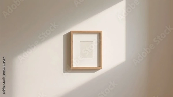 Fototapeta A wooden picture frame on a wall with sunlight casting shadows