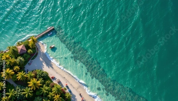 Fototapeta a digital art piece of resort, positioned right, emerald green background