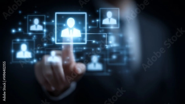 Fototapeta A man is pressing a button on a computer screen that has a group of people on it