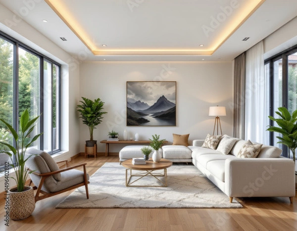 Fototapeta Modern living room featuring cozy sofa, elegant decor, and large windows with scenic view