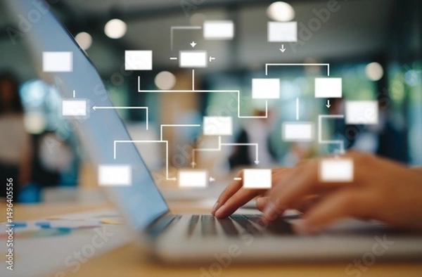 Obraz A laptop screen shows a diagram of a process with a person typing on it