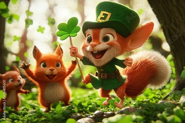 Fototapeta Cheerful Forest Sprite and Squirrel Celebrating with Clover Leaf