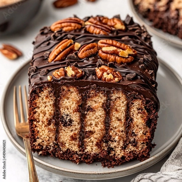 Fototapeta Delicious chocolate and nut cake with rich frosting and toppings