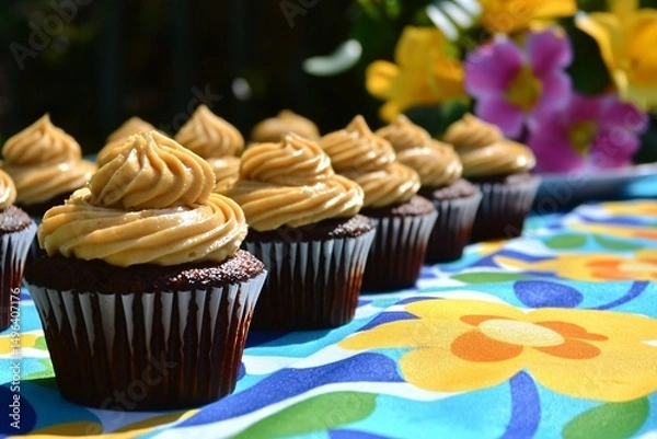 Fototapeta Delicious Chocolate Cupcakes with Creamy Frosting on Colorful Table