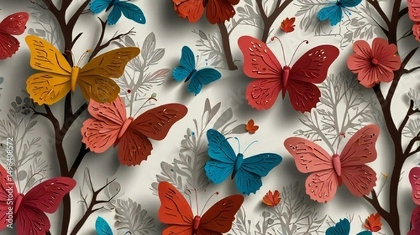 Fototapeta Seamless vector autumn nature pattern with floral and butterfly elements