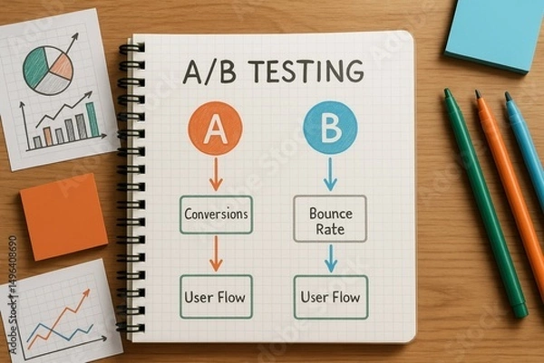 Fototapeta A b testing diagram with conversions and bounce rate data on notebook page