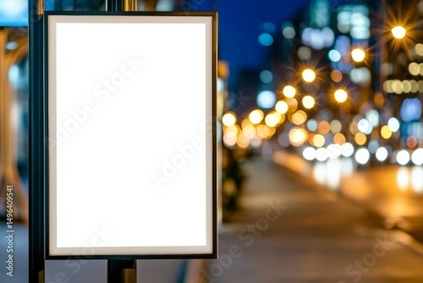 Fototapeta A large white sign is on a pole in a city