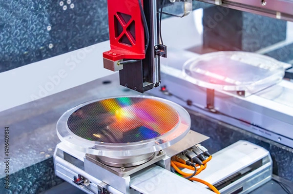 Fototapeta Silicon Wafers and Microcircuits integrated circuits to manufacture CPU and GPU with Automation system control application on automatic robot arm