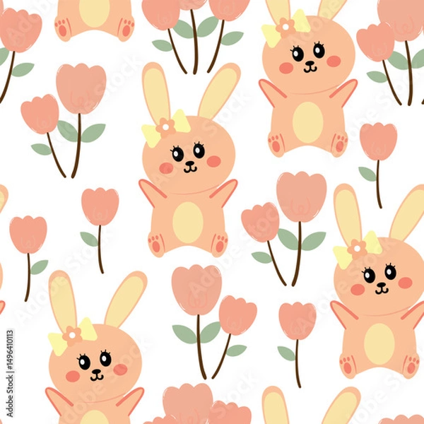 Fototapeta Seamless pattern cartoon bunny and tulip pink flower. cute animal pattern for wallpaper, background and gift wrap paper