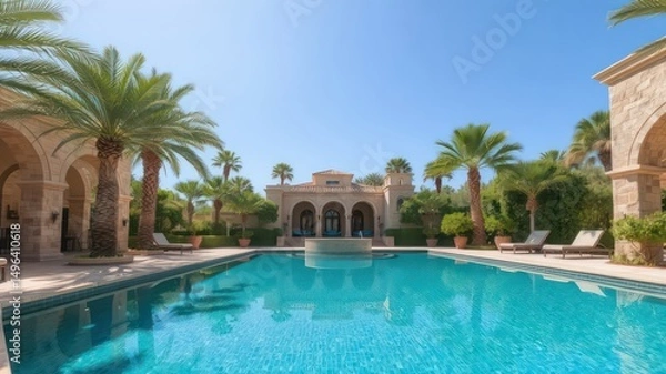 Fototapeta Luxury Estate with Sparkling Pool and Mediterranean Architecture