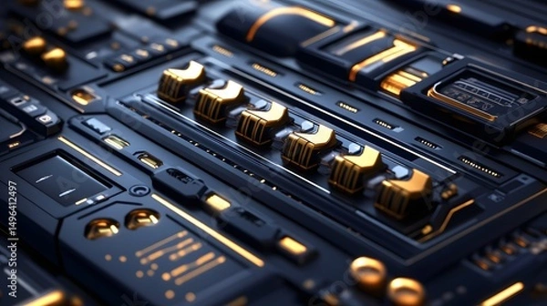 Fototapeta Close-up view of intricate technological paneling.