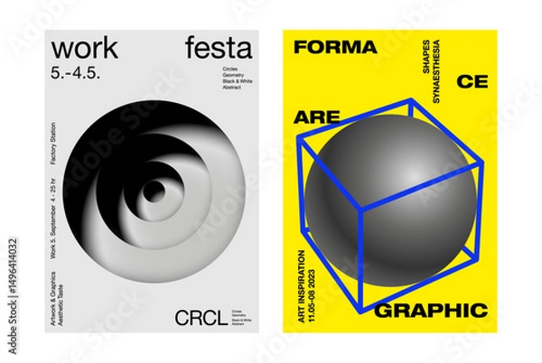 Obraz 3d graphic shapes with bold text layout abstract poster design exploring contrast, depth, and typographic balance monotone yellow blue black flyer banner printing graphics artwork aesthetic