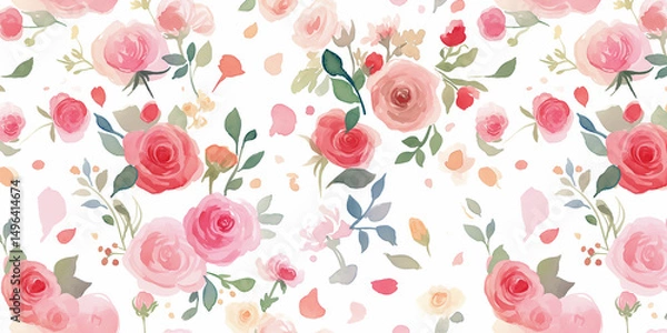 Fototapeta 水彩ローズとドットの組み合わせが可愛い、ピンク色のバラが散りばめられたナチュラルなフラワーパターン背景素材｜ガーリー、春、花柄、フェミニン、壁紙、装飾、イラスト素材