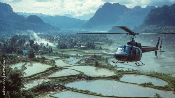 Obraz Overhead Perspective of Rice Paddies with Flying Helicopter above the field