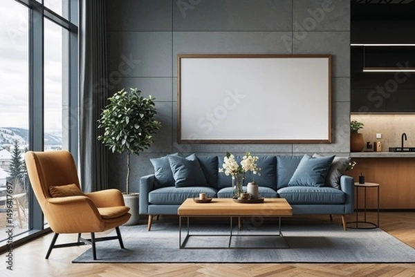 Fototapeta Scandinavian Lounge Aesthetic with Blank Rectangle Poster Frame in Contemporary Office Design
