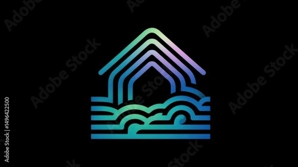 Fototapeta An abstract house shape formed from a series of colorful wavy lines is an innovative real estate concept, modern architecture, or an environmentally friendly company.